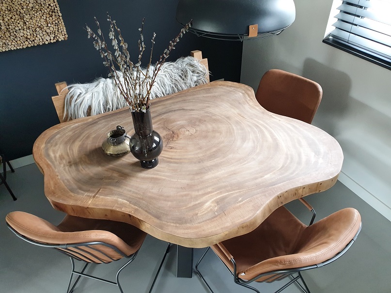 eettafel boomschijftafel troedoor